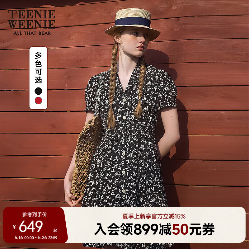Teenie Weenie小熊碎花连衣裙女2025夏季新款女短裙 黑色 165/M