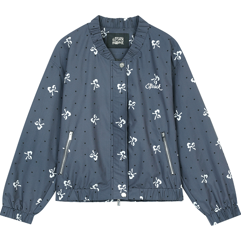 妖精的口袋字母刺繡miu系學(xué)院風(fēng)外套女25早秋新款5色短款?yuàn)A克上衣 蝴蝶結(jié)波點(diǎn)藍(lán)色 M