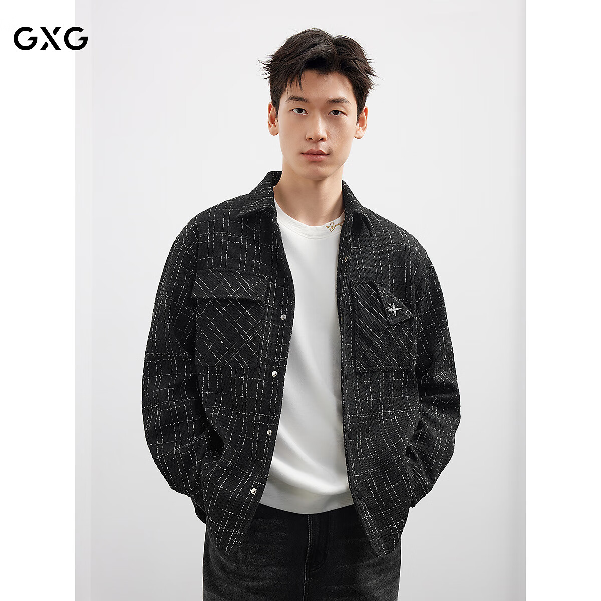 GXG男装【小香风】复古格子外套长袖夹克25年秋新款#G25D213108 黑色 S