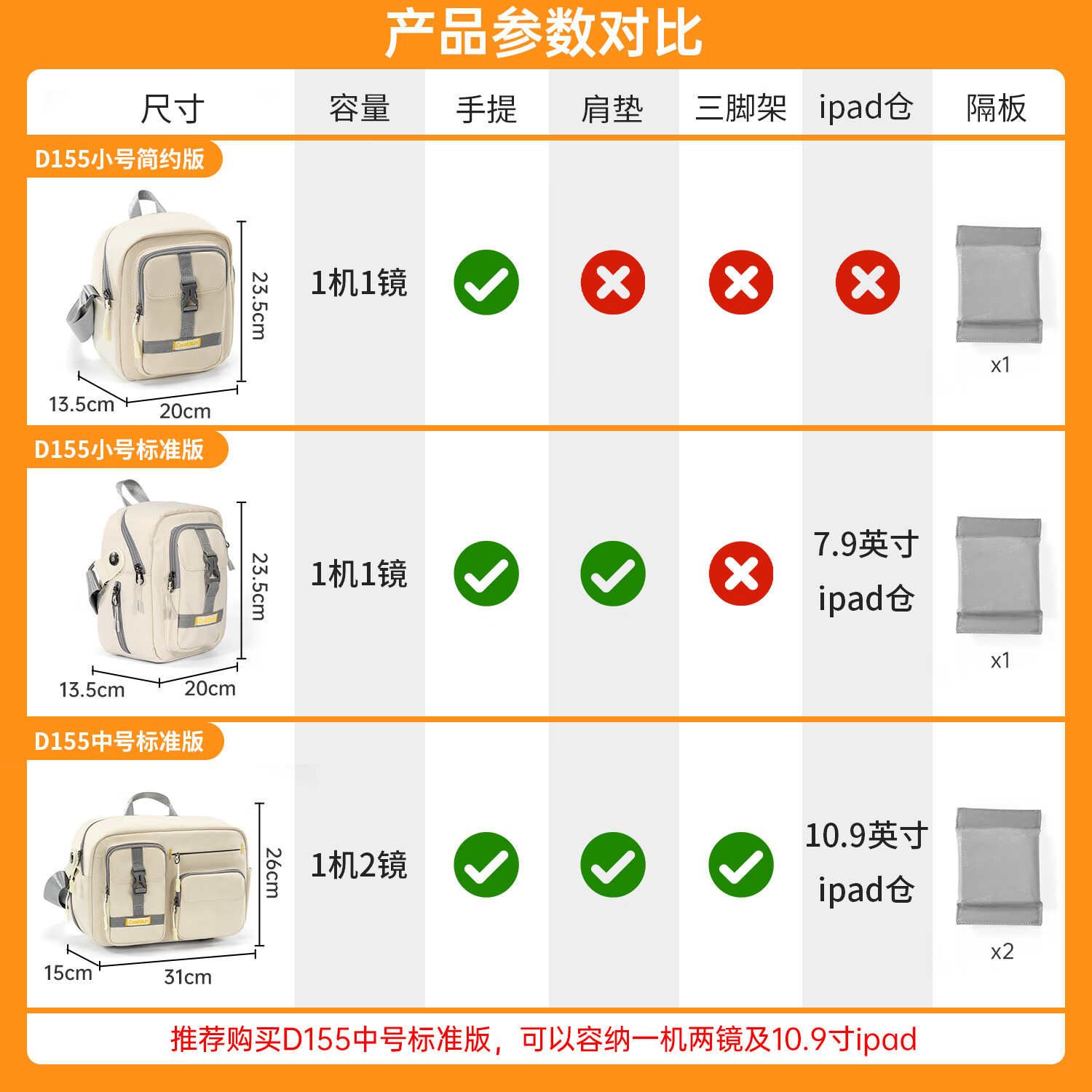 CADEN单肩斜挎手提相机包一机一镜防水背包日常通勤适用于富士索尼尼康佳能 D155小号标准版【一机一镜+智能分仓】