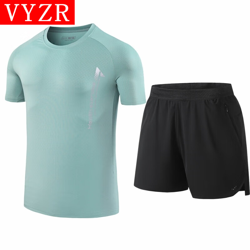 VYZR健身衣服男马拉松跑步运动套装装备夏季专用短袖短裤速干训练 浅绿色+黑色 M