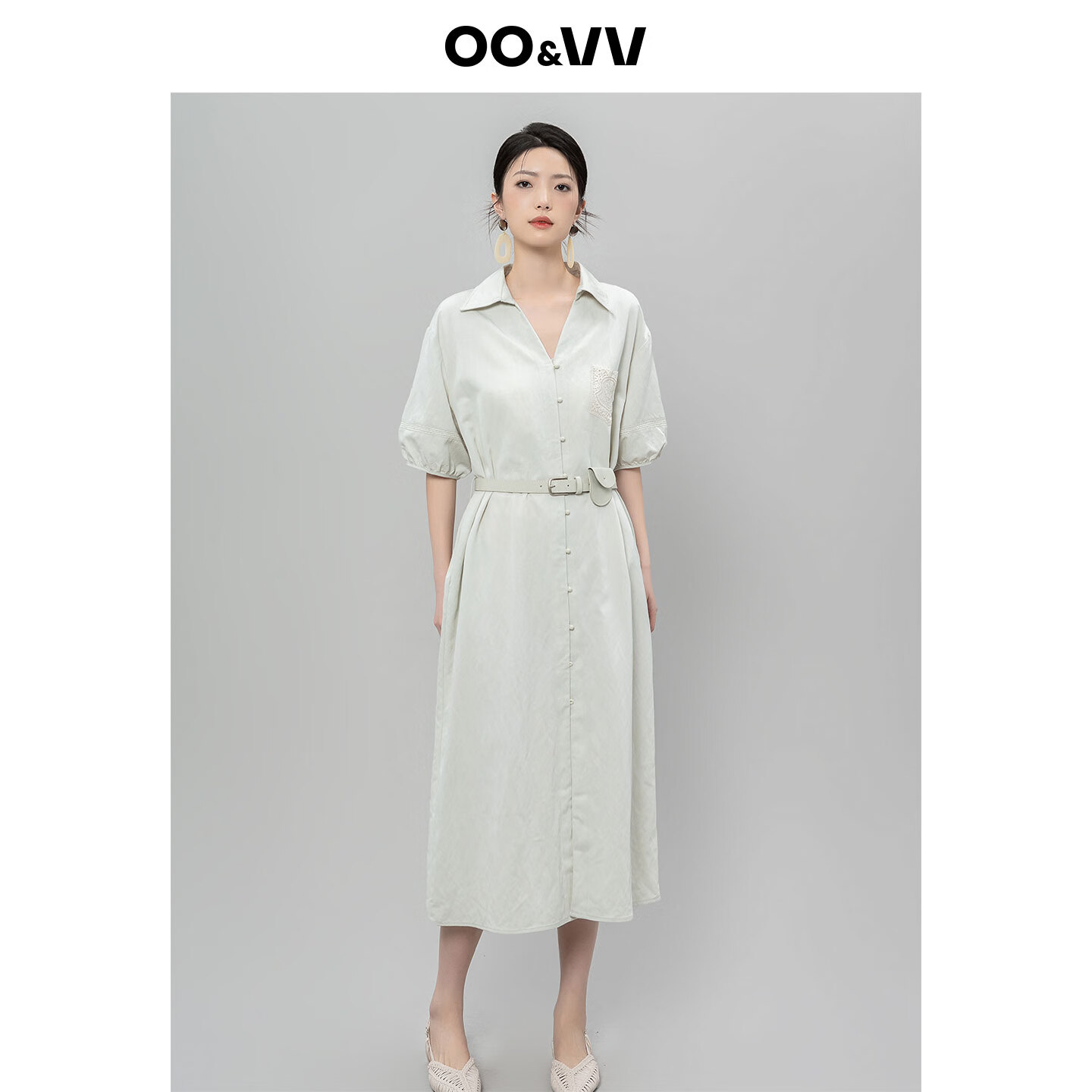 OO&VV法式蕾丝口袋休闲风衬衫领泡泡袖系带收腰长款连衣裙女夏新 莫奈灰 M