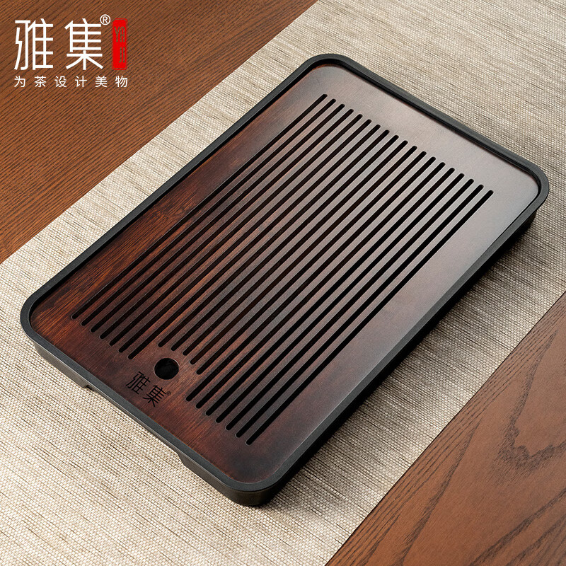 雅集PP干泡茶盤托盤居家辦公瀝水儲水竹功夫茶具托盤簡約茶托茶具 雅集PP干泡茶盤24*36cm(長方-黑