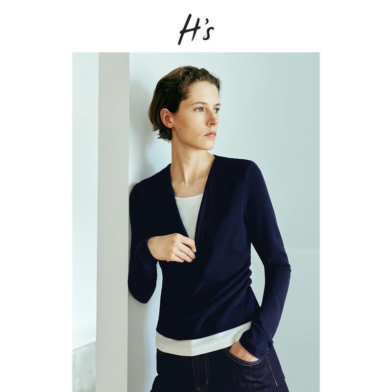 H's撞色修身针织上衣女25秋新款高级设计感休闲V领假两件套头衫 藏青 M