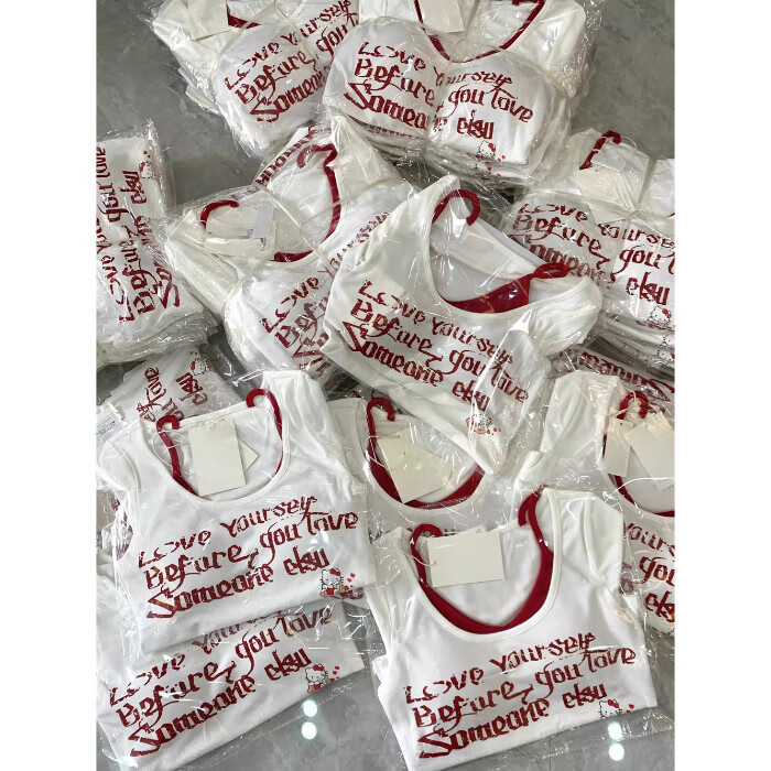 【260克莫代尔1x1吊带假两件kitty字母短袖t恤女夏美带胸垫上衣 白色 XL