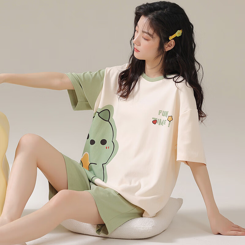 【优选直发】少女短袖短裤圆领睡衣学生卡通宿舍套装夏季可外穿女 云朵星星不带胸垫 M 女