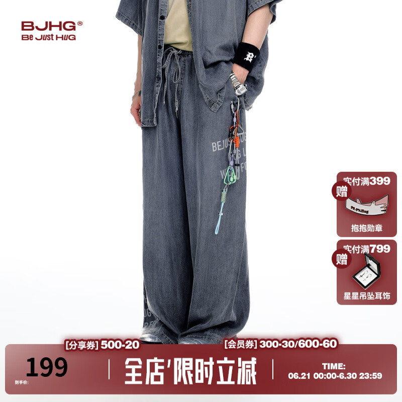 BJHG不计后果天丝牛仔裤男夏薄款2025新款潮牌美式高街宽松直筒长裤女 水洗黑 L