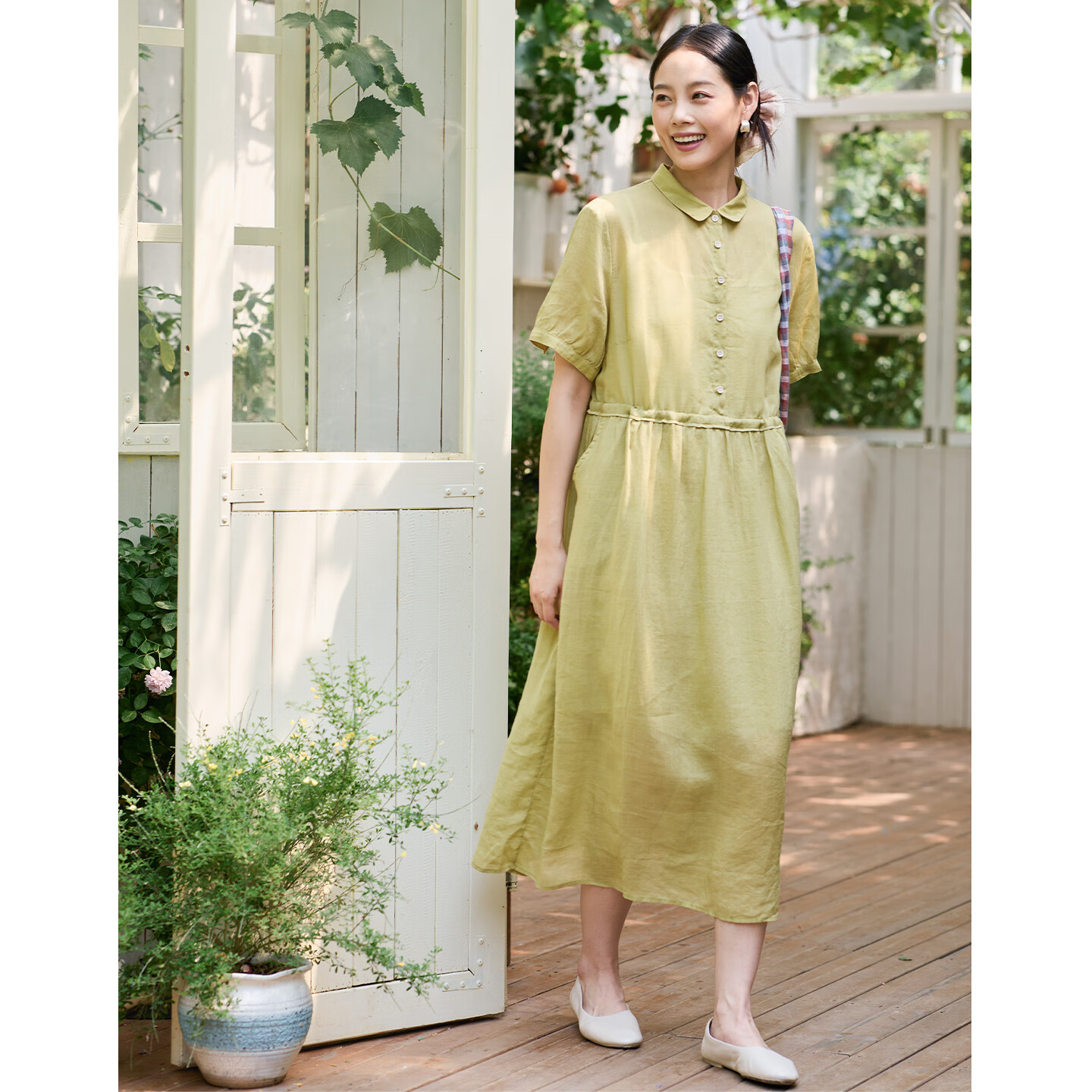 無(wú)色無(wú)味25年夏季新品復(fù)古短袖連衣裙苧麻寬松減齡氣質(zhì)顯瘦中長(zhǎng)裙裙子女裝 芥末綠 L （38）
