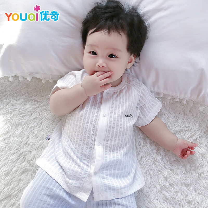 優(yōu)奇嬰兒短袖夏季薄款寶寶t恤男紗布衣服棉兒童半袖防蚊褲套裝 【短袖】純凈白 66 cm【身高55-68cm】
