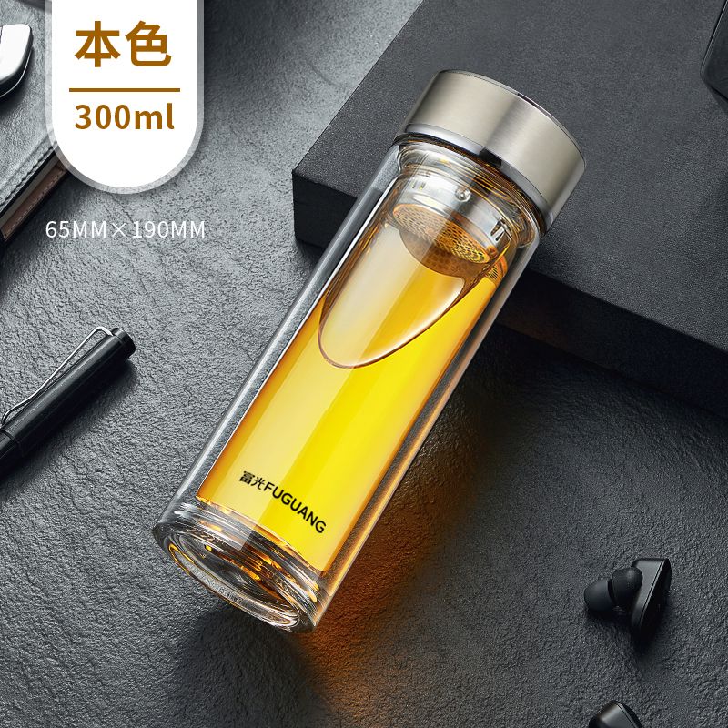 双层玻璃杯男茶水分离杯耐热便携家用泡茶个人专用定制水杯子 300ml本色刻字送杯刷