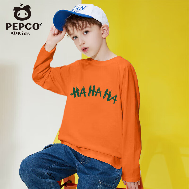 小猪班纳儿童长袖t恤男女童春秋款2025新款小男女孩上衣纯棉圆领打底衫 橙J15哈哈哈 150 （建议身高140-150CM）