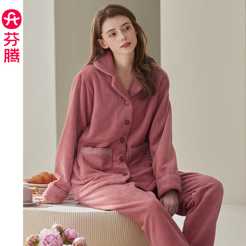 芬騰法蘭絨女士睡衣秋冬加絨加厚珊瑚絨媽媽中老年家居服套裝冬季 豆沙紅 M 建議:90-110斤