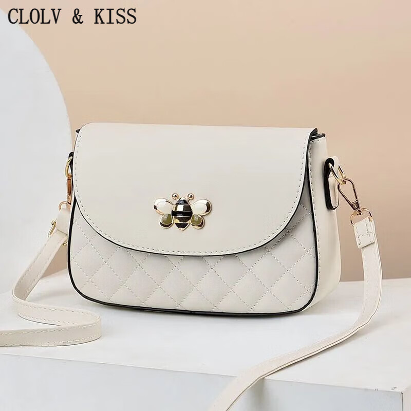 clolv kiss新款女包单肩包潮流韩版小清新 ins风斜挎包软皮小圆包时尚简约包 米白