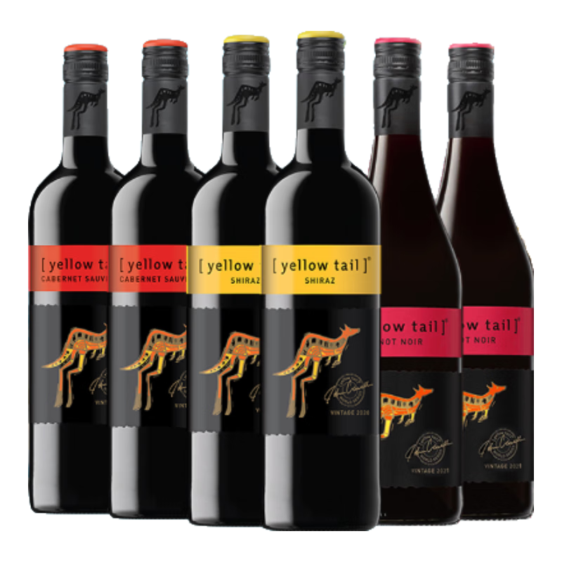 黃尾袋鼠（Yellow Tail）【官旗】西拉加本力葡萄酒750ml*6整箱原瓶進(jìn)口干紅紅酒 禮品   世界西拉*2  加本力*2 黑皮諾*2