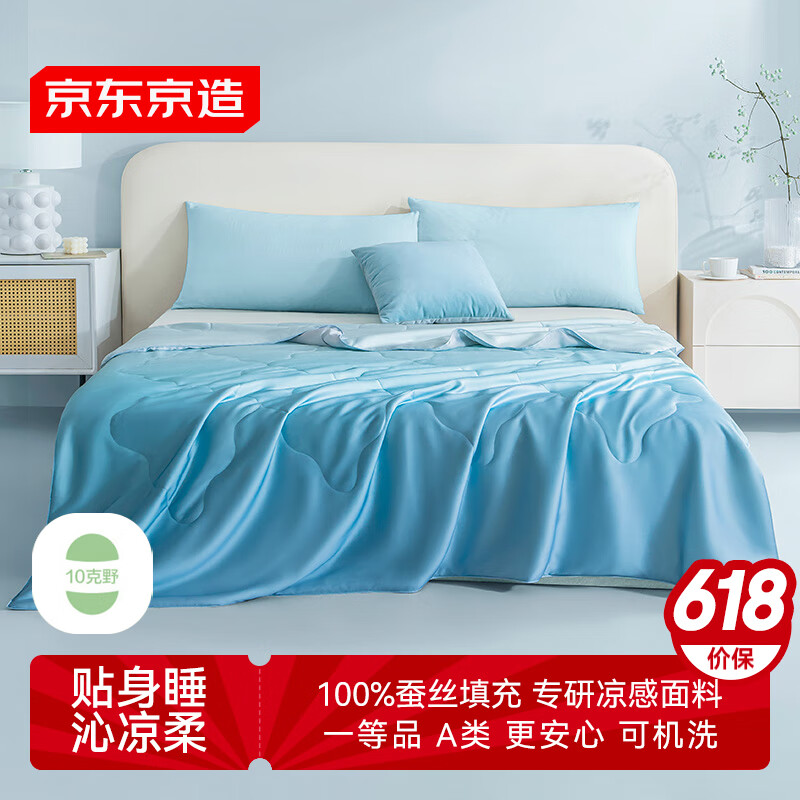 京东京造100%蚕丝凉感被可水洗夏凉被免被套空调夏被 冰岛极光/蓝2.0x2.3m