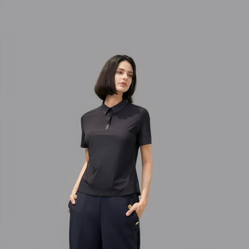 TAGX 探观Polo衫女士蓝鲸丝夏季新款凉感短袖女宽松透气抑菌速干时尚t恤女 礁石黑 M
