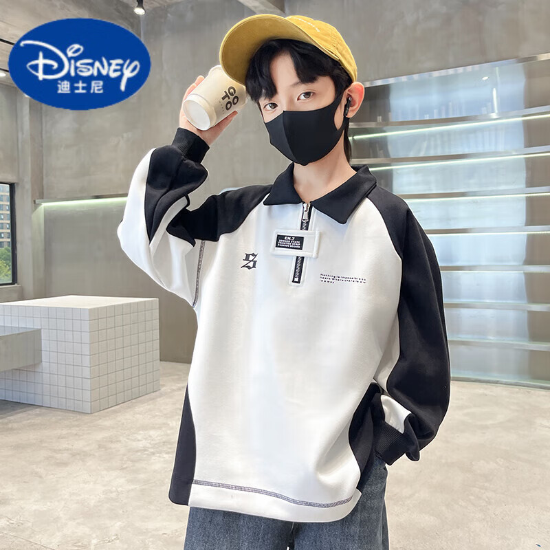 迪士尼（Disney）男童衛衣2025春秋新款季兒童衣服中大童男孩裝打底衫polo衫長(cháng)袖潮 白色 春秋 120 cm