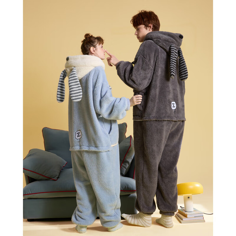 果殼（Gukoo）旗下YSO秋冬款珊瑚絨情侶睡衣休閑居家可外穿家居服套裝 天藍(lán)色 女款 M
