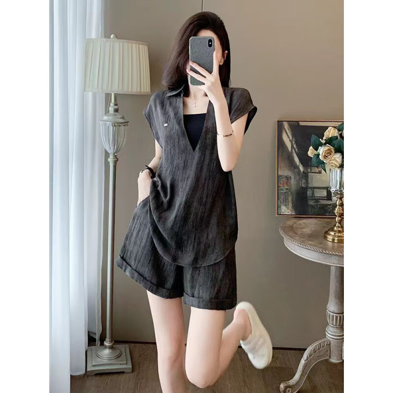 恒源祥时尚套装女夏季气质显瘦轻熟薄款减龄设计感假两件短袖短裤两件套 图片色套装 L 【建议105-119斤】