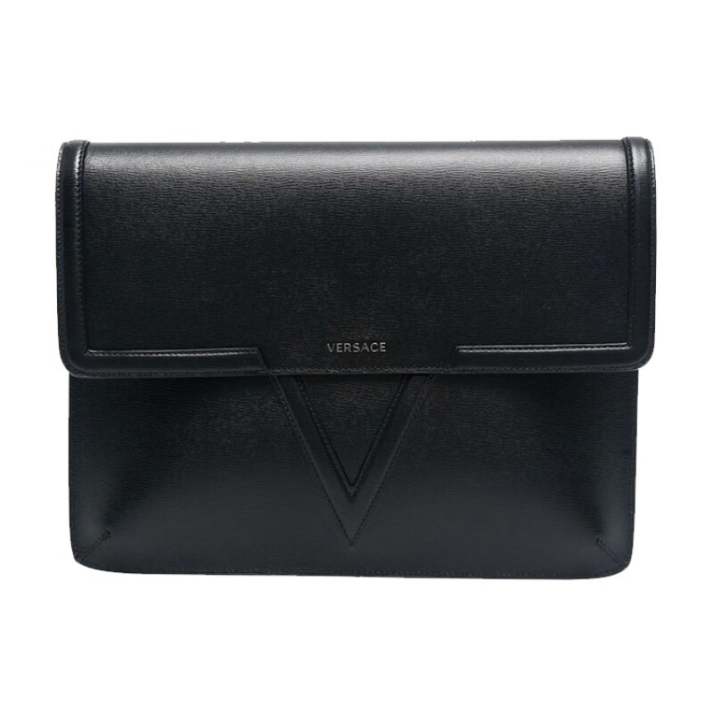 范思哲（VERSACE）Logo標牌牛皮手拿包男款黑色 基礎裝(包+防塵袋)