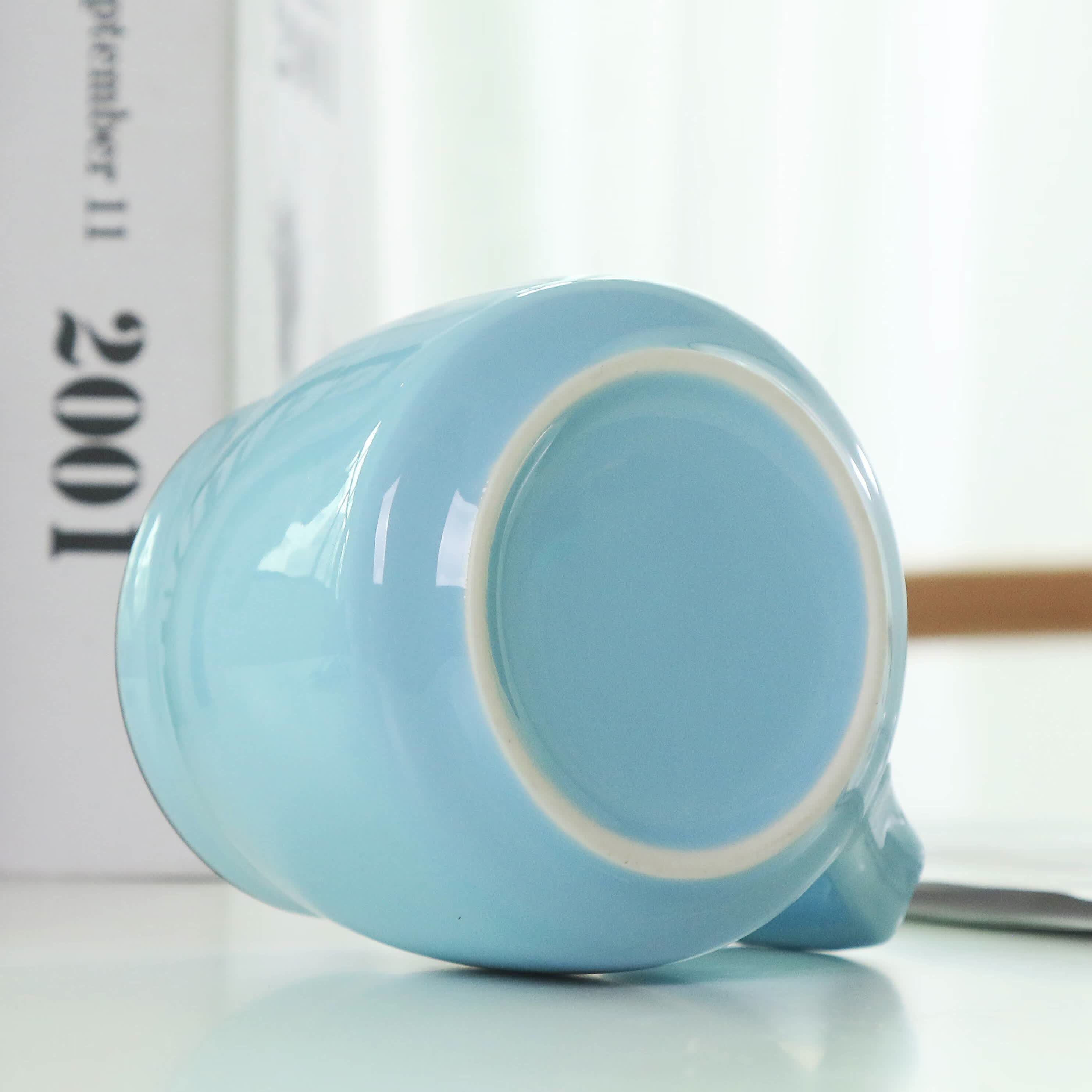 可爱陶瓷杯带盖子勺早餐杯水杯马克杯商务伴手礼带盖子勺咖啡杯牛 蝴蝶粉+盖瓷勺