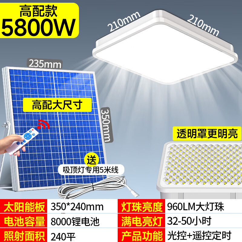 简馆【大容量电池】太阳能吸顶灯超亮室内一拖二家用大功率阳台照明灯 5800W柔和不刺眼/照240平