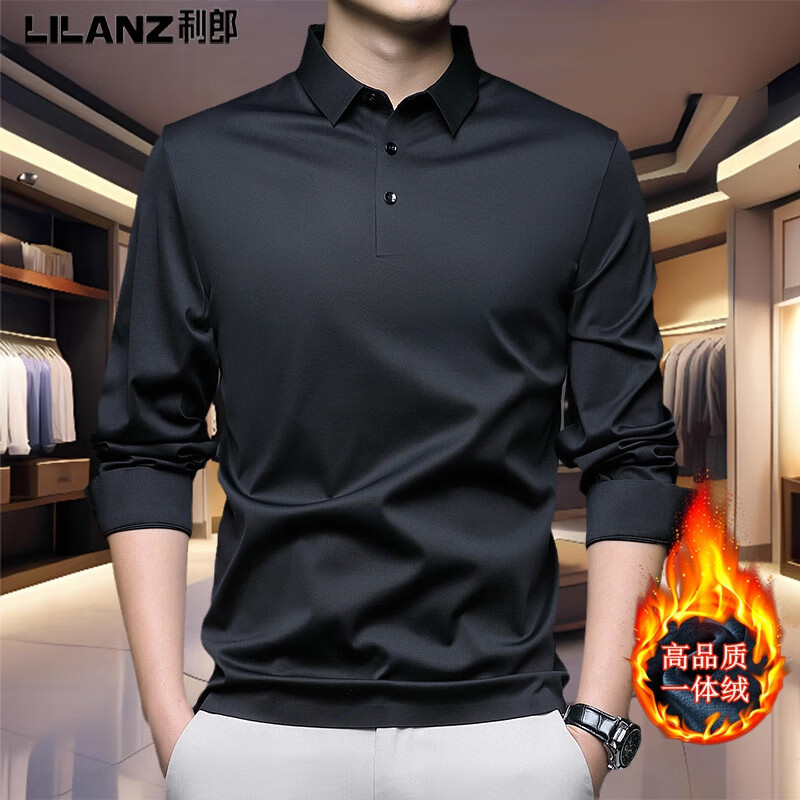 利郎男装商务长袖加绒T恤秋冬季新款桑蚕丝免熨烫男士高端行政T恤衫 225-黑色 加绒 L 170/建议120-140斤