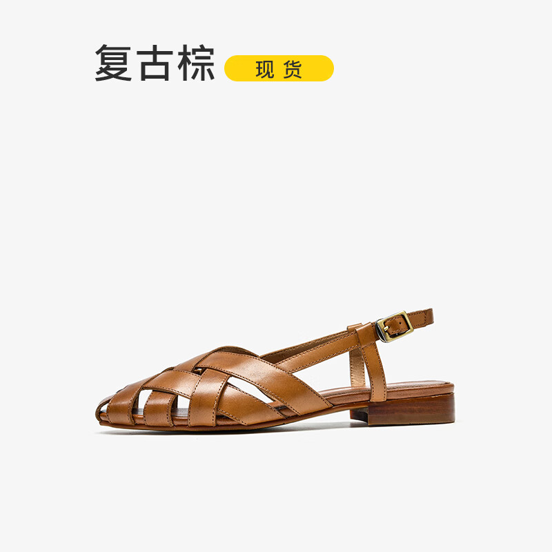 BEAUTODAY商場(chǎng)BeauToday羅馬涼鞋女款夏季復(fù)古包頭拖鞋平底豬籠鞋 復(fù)古棕_ 35