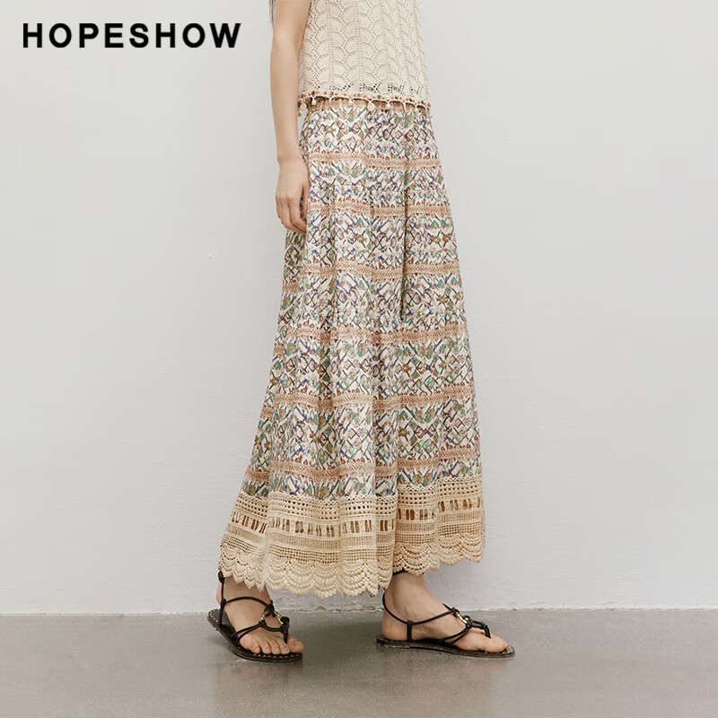 紅袖（hopeshow）復古民族風(fēng)蕾絲拼接長(cháng)裙夏季新款 淺棕花676 S
