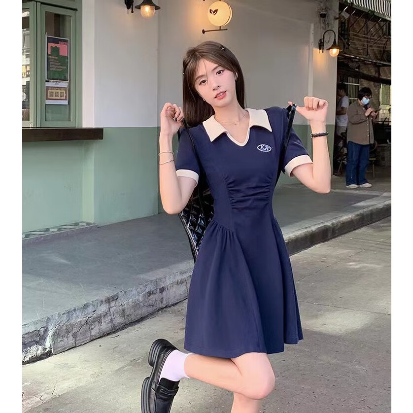 酷章（KUZHANG）大码polo领连衣裙女夏季微胖MM遮肚子减龄显瘦美式学院风大摆长裙 蓝色短款 M