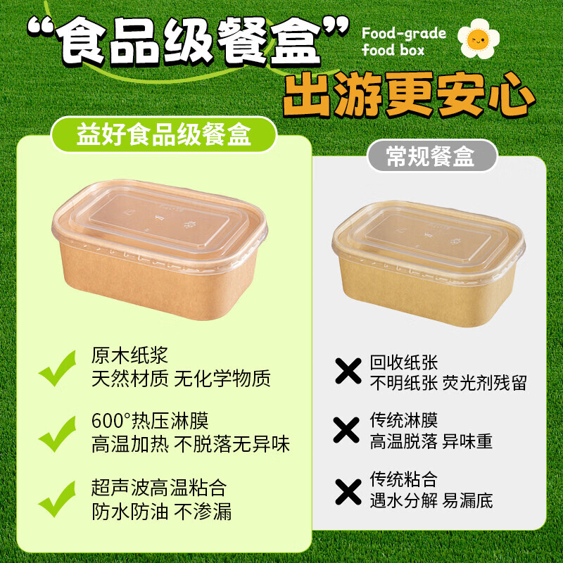 一次性餐盒牛皮纸野餐饭盒水果食品包装上班族露营春游便当打包盒 750ml牛皮纸方盒 15套【碗+盖】【加赠5套】