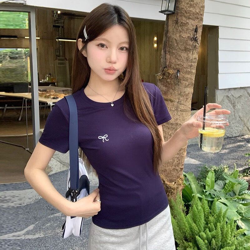 帅西欧蝴蝶结纯欲圆领修身显瘦T恤弹力短袖正肩上衣2025夏新款 灰色 L