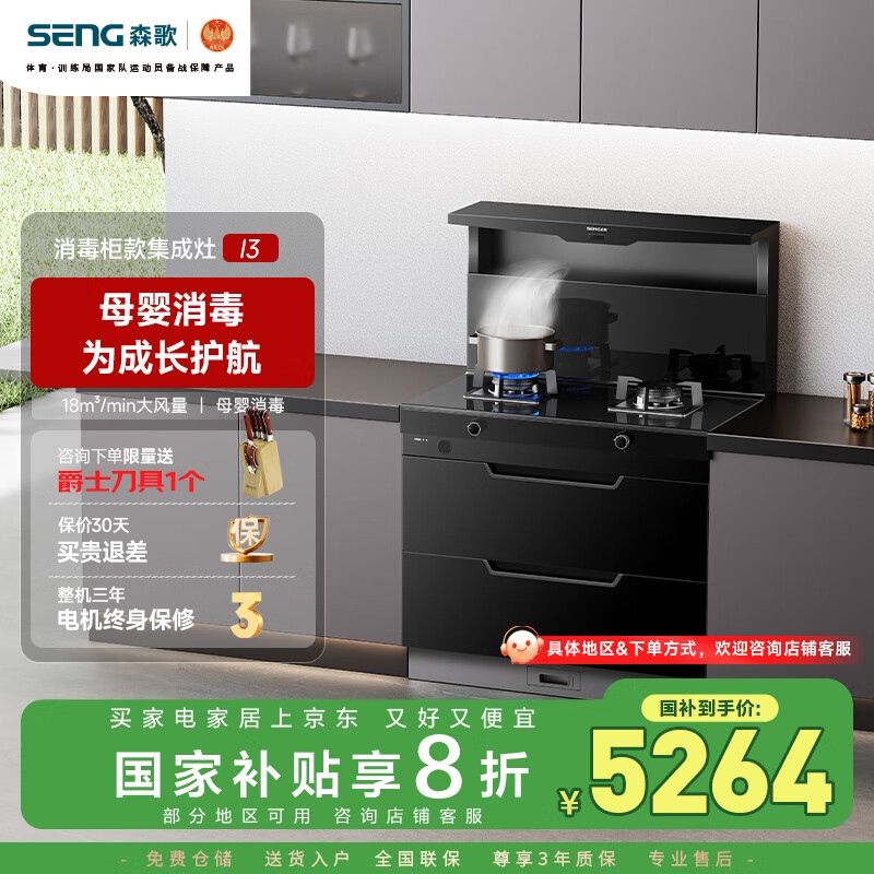 森歌（SENG）I3 二星级母婴消毒集成灶一体灶 家用消毒柜集成灶 抽油烟机一体机套装 天然气右排烟