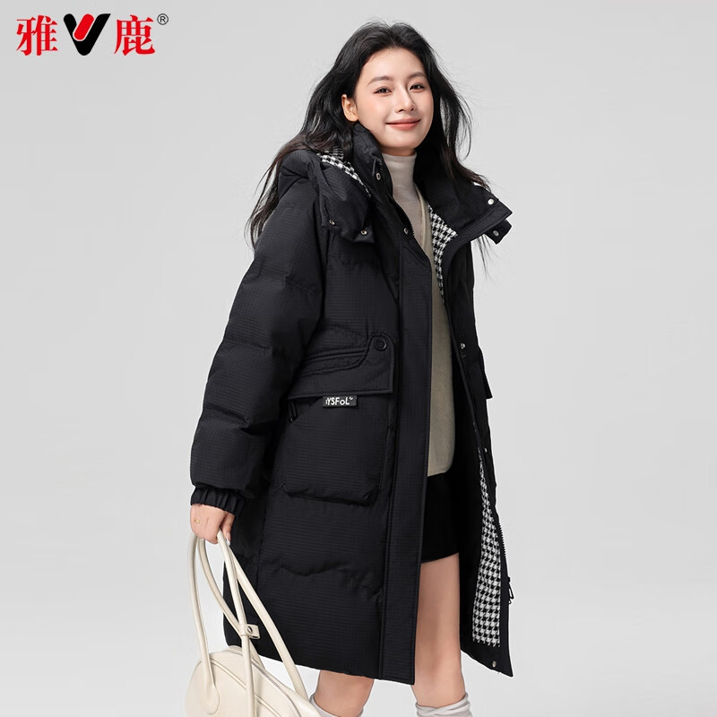 雅鹿羽绒服女中长款2025冬季新款时尚韩版连帽加厚保暖宽松外套Q 黑色 M /160 【推荐110-125斤】