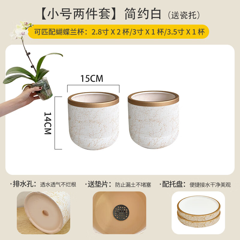 陶瓷花盆輕奢感家用高端蝴蝶蘭花盆專用發(fā)財樹花盆盆栽盆子 【小號兩件套】簡約白_帶瓷托 陶瓷