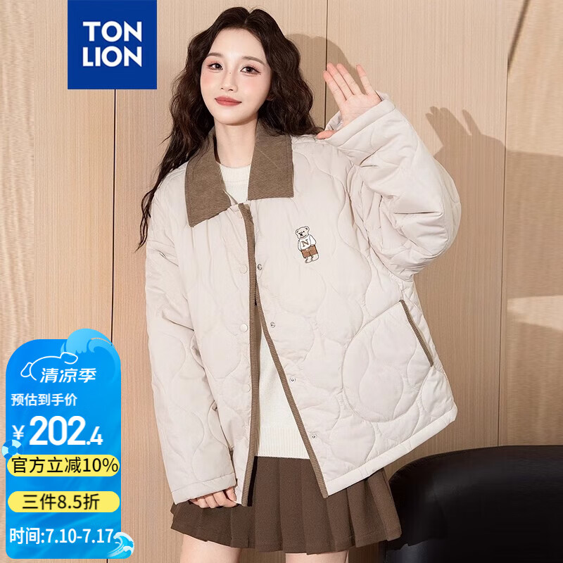 唐獅（TonLion）2024情侶棉衣翻領(lǐng)刺繡印花寬松薄款棉服潮 女款/淺卡其 L 