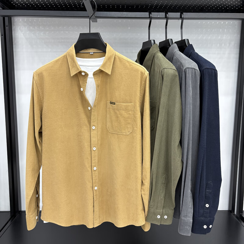 老爷车（LAOYECHE）100%纯棉灯芯绒真口袋男士长袖衬衫纯色休闲秋装衬衣保暖男装寸衫 IF-24620豆绿 L 推荐120-135斤