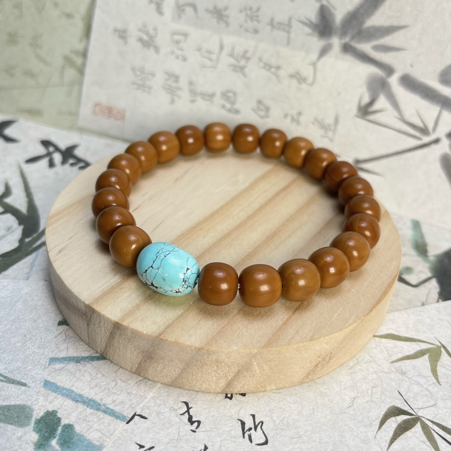 原矿高瓷蓝网花绿松石枣珠搭配猴头手串尺寸:11.1*14.8mm