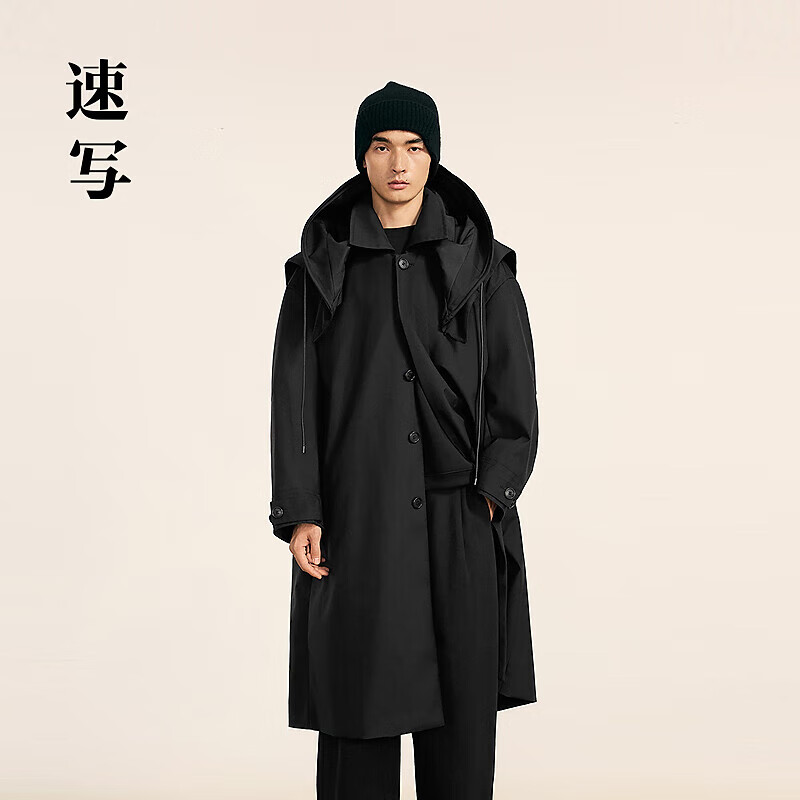 速写男装2025春新品连帽风衣宽松翻领长款9P1915130 001本黑 M