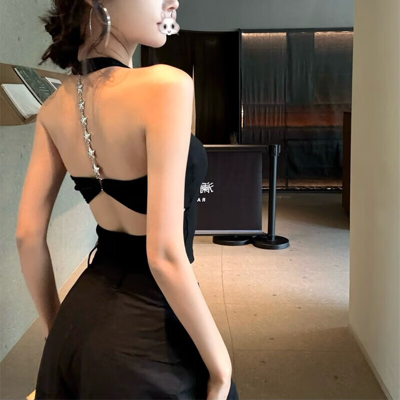 微光里泰式绝美辣妹穿搭孔雀蓝色露背带胸垫无袖吊带背心女外穿挂脖上衣 美背吊带【黑色 均码】 80-105斤