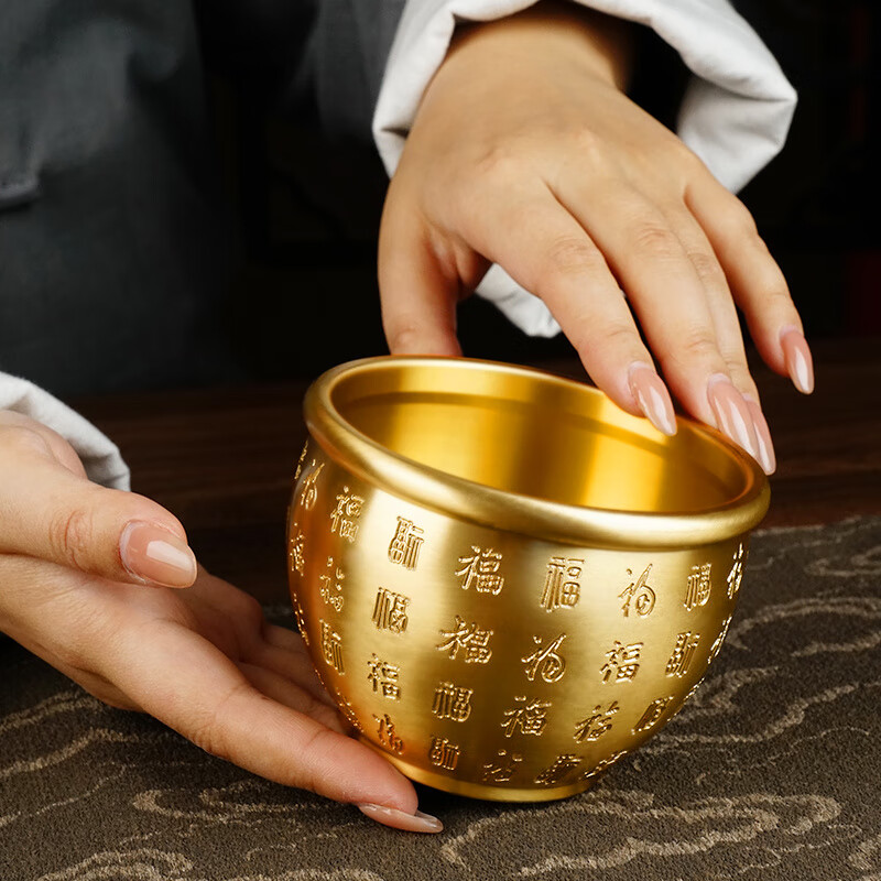 京悠雨风水摆件黄铜米缸百福铜缸摆件装饰冰箱客厅铜盆存钱罐聚宝盆 冰箱上的百福缸