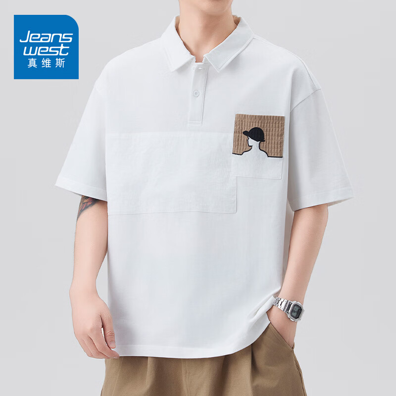 真维斯（Jeanswest）男生夏季新款2025纯棉翻领短袖美式潮牌休闲男士宽松半袖体恤衬衫 6039珐琅白 【透气纯棉】 XL 【建议140-155斤】