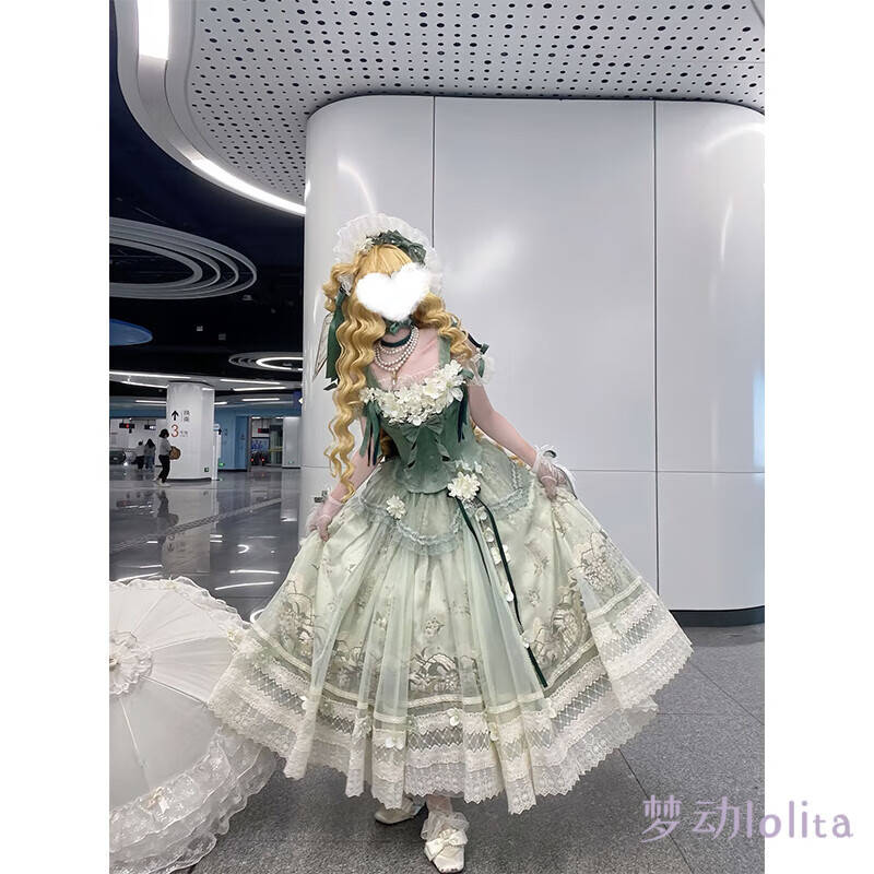 梦动中华风cla系甜美可爱洛丽塔系lolita裙夏季公主裙日常洋装优雅 (六件套)上衣+下裙+内搭+拖尾+帽 XL