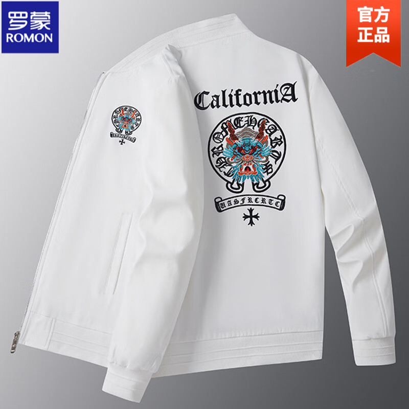 罗蒙（ROMON）新款潮牌龙年刺绣外套男士休闲棒球服韩版潮流帅气中国风男装夹克 白色-BA108【重工中国龙】 M 90-105斤