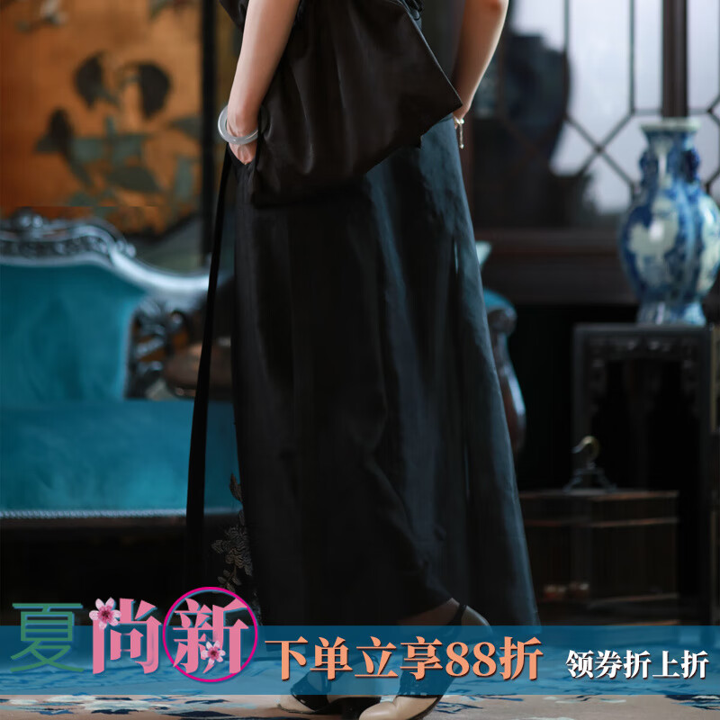 一城風(fēng)絮溪山鶴鳴丨真絲香云紗復(fù)古龜裂紋繡花休閑闊腿裙褲 黑色【繡花裙褲】 S