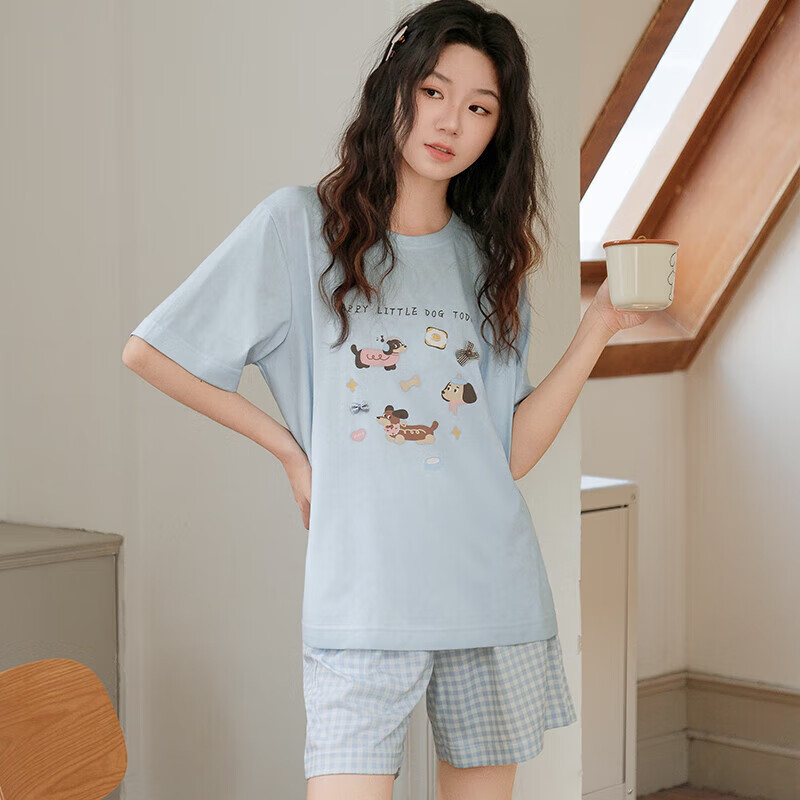 芬腾睡衣女夏季新款薄款短袖短裤甜美可爱少女大码家居服夏天套装 FX26921557冰兰 S 建议：70-90斤