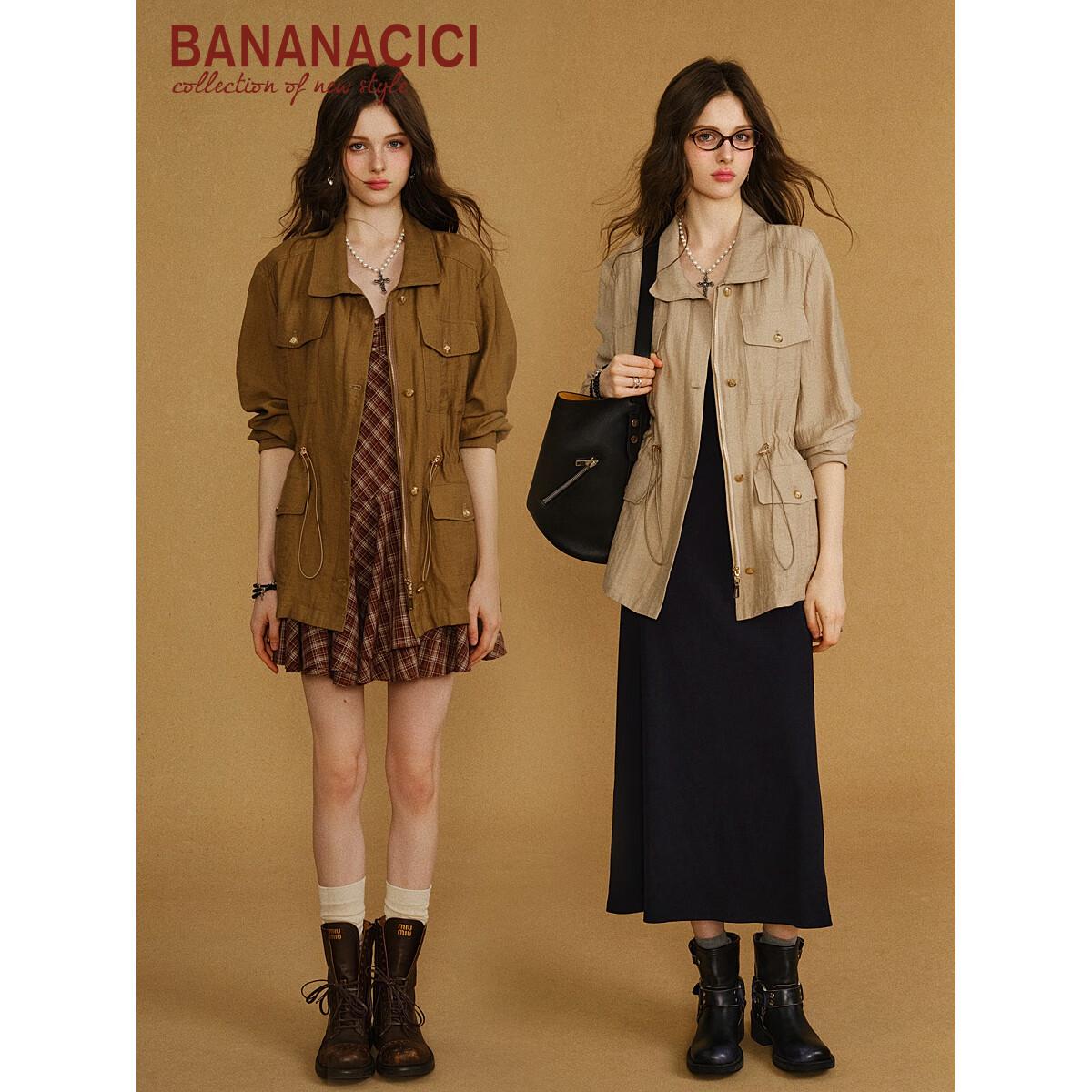 banana cici2025年秋季新款休闲工装风抽绳收腰风衣猎装夹克外套C2F3WT025 咖啡色 S