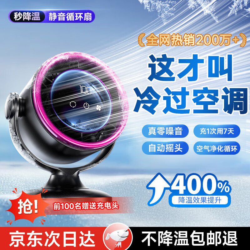 驰族[零噪音空调扇]桌面小风扇小型家用静音办公室桌usb充电风扇长续航学生宿舍床夹式便携空气循环扇 【深紫色丨桌面款】台式|壁挂|悬吊360°自动摇头 秒降16°|静音无声0噪音|100挡空调冷风