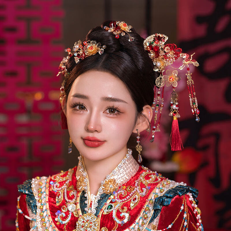締晶新娘頭飾中式秀禾服頭飾鳳冠古裝漢服發(fā)飾旗袍結婚禮服婚禮配飾 【連枝相依】新娘頭飾五件套