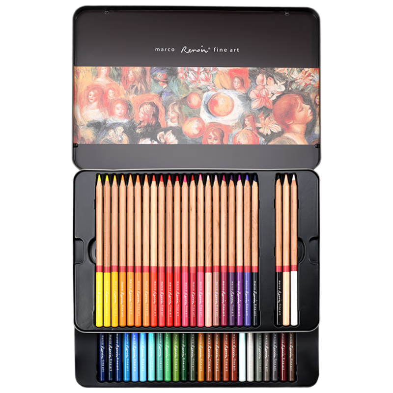 馬可（MARCO）彩鉛72色（67色+5功能筆）油性彩色鉛筆繪畫(huà)套裝專(zhuān)業(yè)美術(shù)設(shè)計(jì)手繪專(zhuān)用鐵盒裝送禮禮物雷諾阿系列